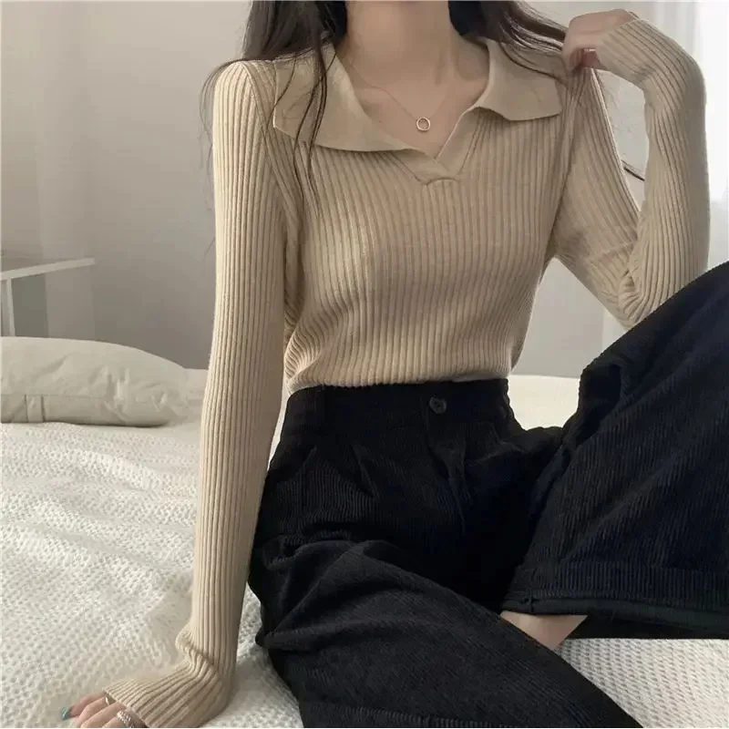 Elegant Vintage Knit Sweater Women\'s Long Sleeve Top Lapel Collar Stylish Polo Collar Base Layer Top For Spring Autumn