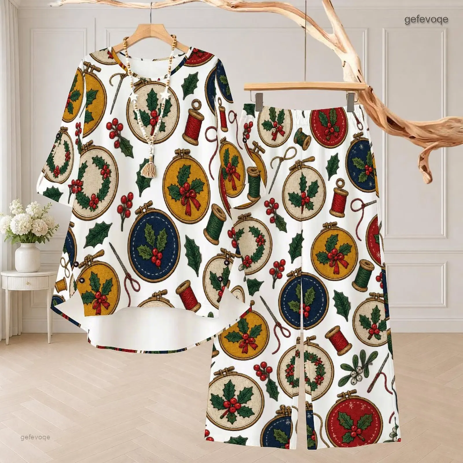 Women Christmas Basketball Gingerbread Print Round Neck 3/4 Sleeve Top and Long Pants Two Piece Set