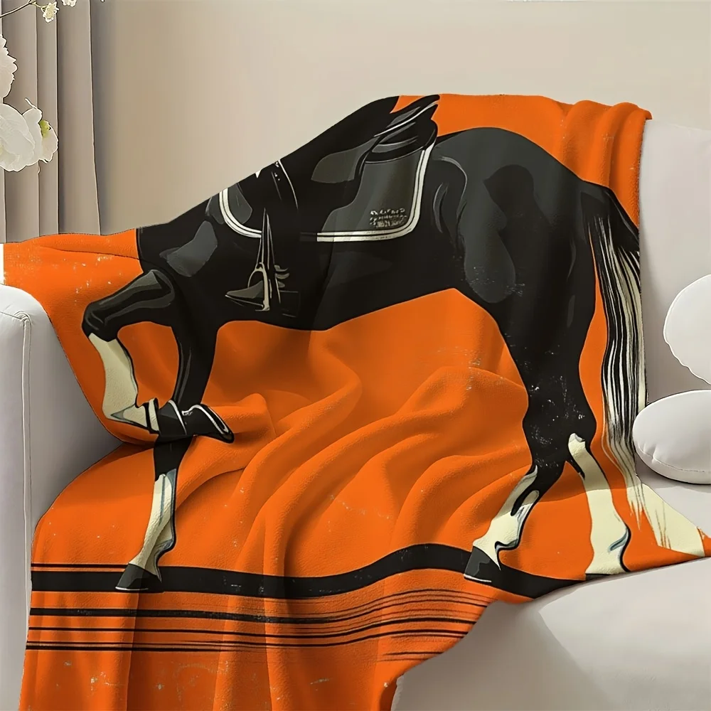 Orange Horse Print Throw Blanket for Sofa Couch Decoration Equestrian Animal Lover Cozy Living Room Lap Blanket Decor Gift - view 5