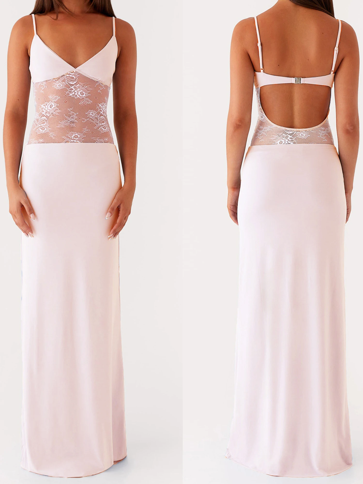 Women's Bodycon Cami Dress Sleeveless Spaghetti Strap Sheer Lace Patchwork Long Dress Summer Party Dress