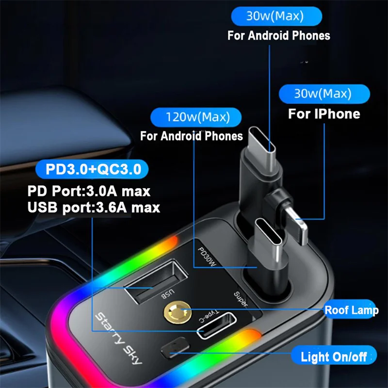 180 W 5 in 1 intrekbare autotelefoonoplader RGB sterrenhemellicht voor PD/QC3.0/SCP/VOOC/FlashCharge/AFC/FlashCharge Protocollen Telefoon
