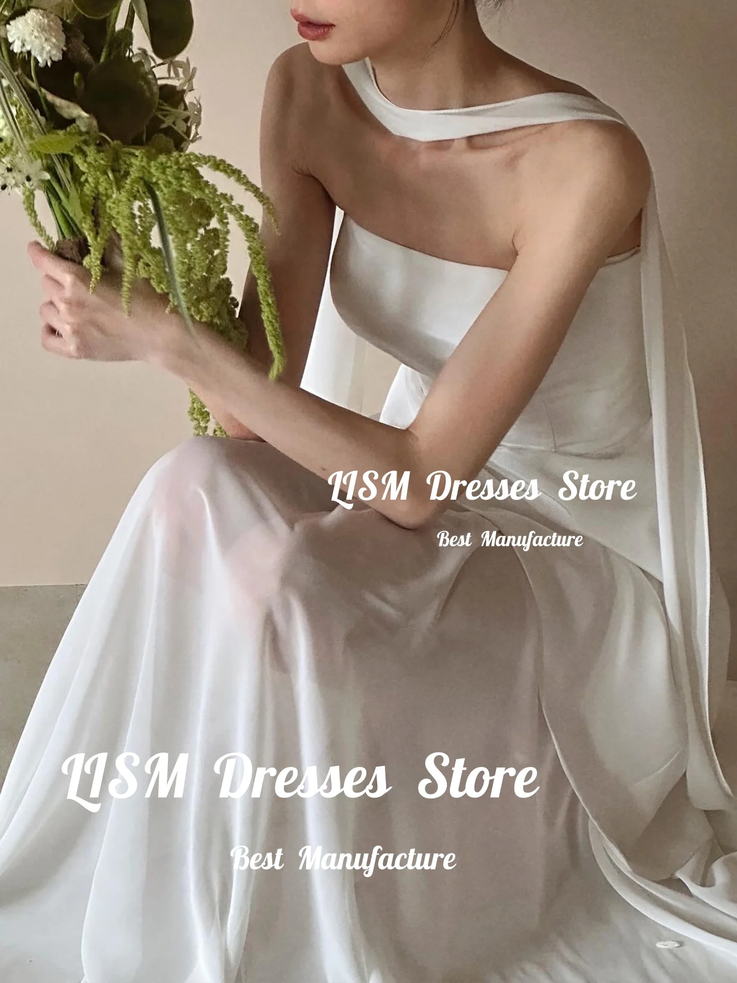 Lism Simple Strapless With scarf Korea Wedding Dresses Photos Shoot Floor-Length Bride Dress Customized Backless Bridal Gown