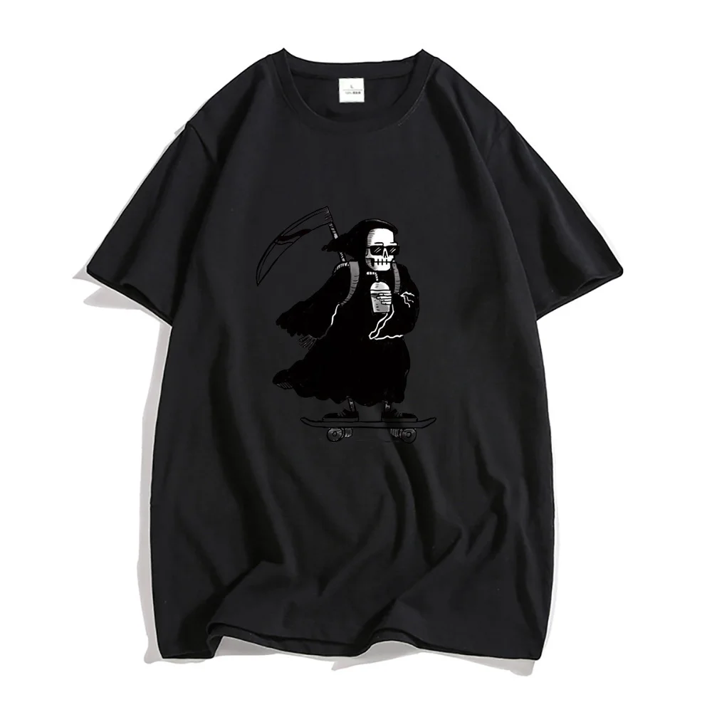 Grim Reaper Skateboard Graphic T Shirt Four Seasons Pure Cotton Short Sleeve Clothing Men/women Hip Hop T-shirts Loose Tops