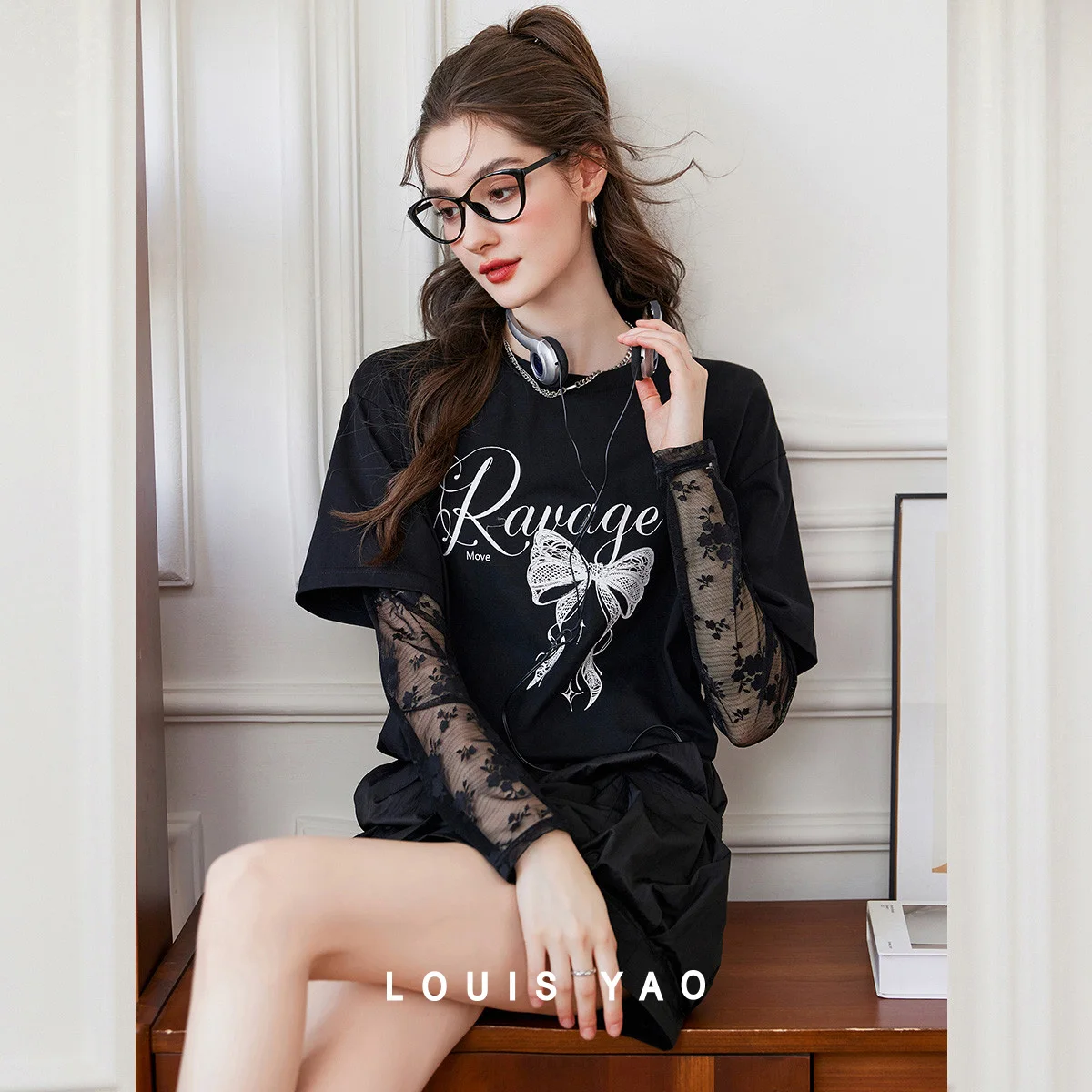

Lace Print Long-Sleeve T-Shirt Fake Two-Piece Round Neck Patchwork Y2K T-Shirt Chic Street Wear Top for Women Autumn 2025