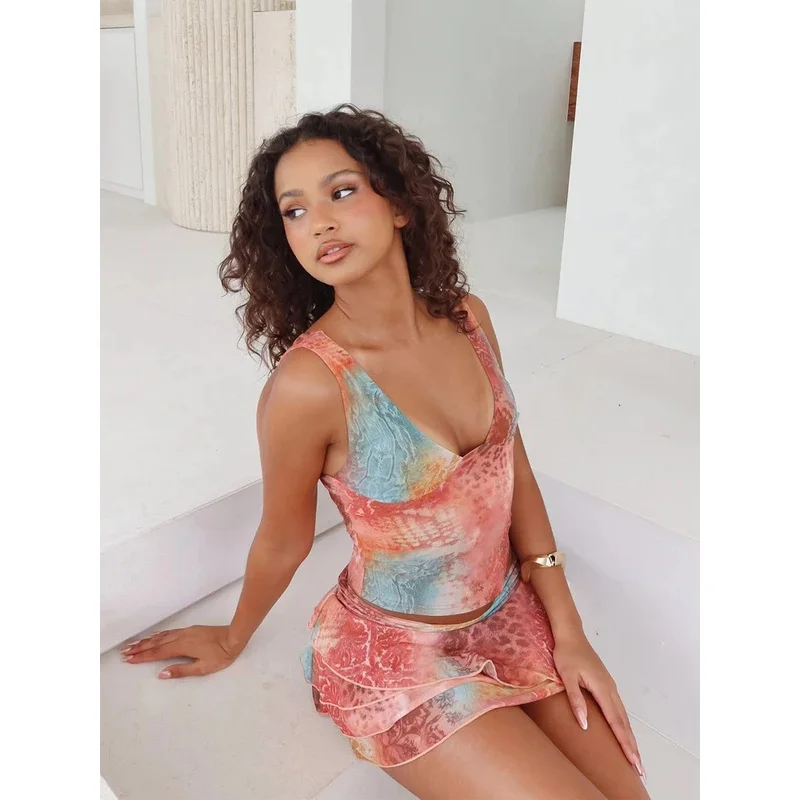 

Printed Camisole Off Shoulder Top Women Ruched Stacked Pleated Mini Skirt Set Casual Beach Party Two Piece Suit Lady Outfits