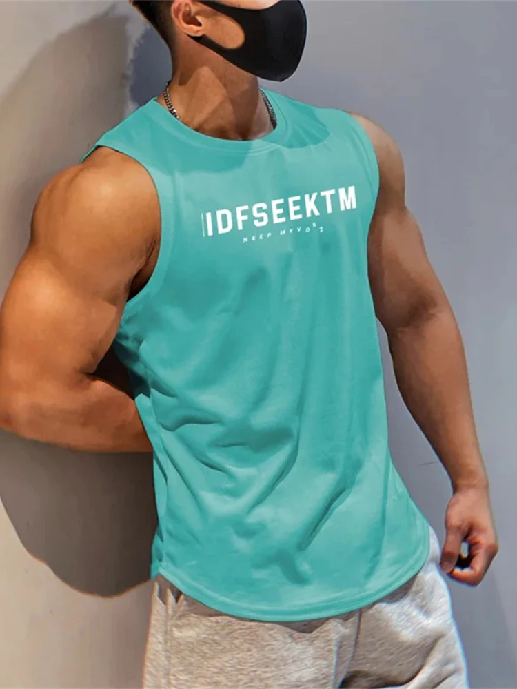 Heren Zomer Fitness Vest Letter Bedrukt Ronde Hals Mouwloos Rekbaar Zacht Ademend Sneldrogend Trui Casual Heren Fitness