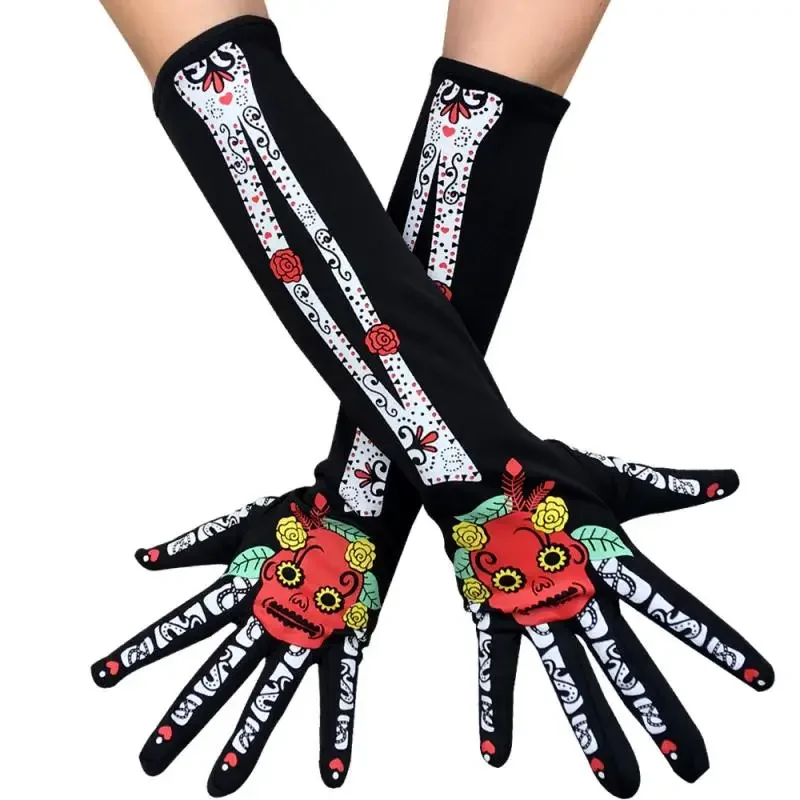 Halloween Gloves Skeleton Long Gloves Short Gloves Halloween Cosplay Ghost Face Flower Bones Skeleton Show Short Gloves C020