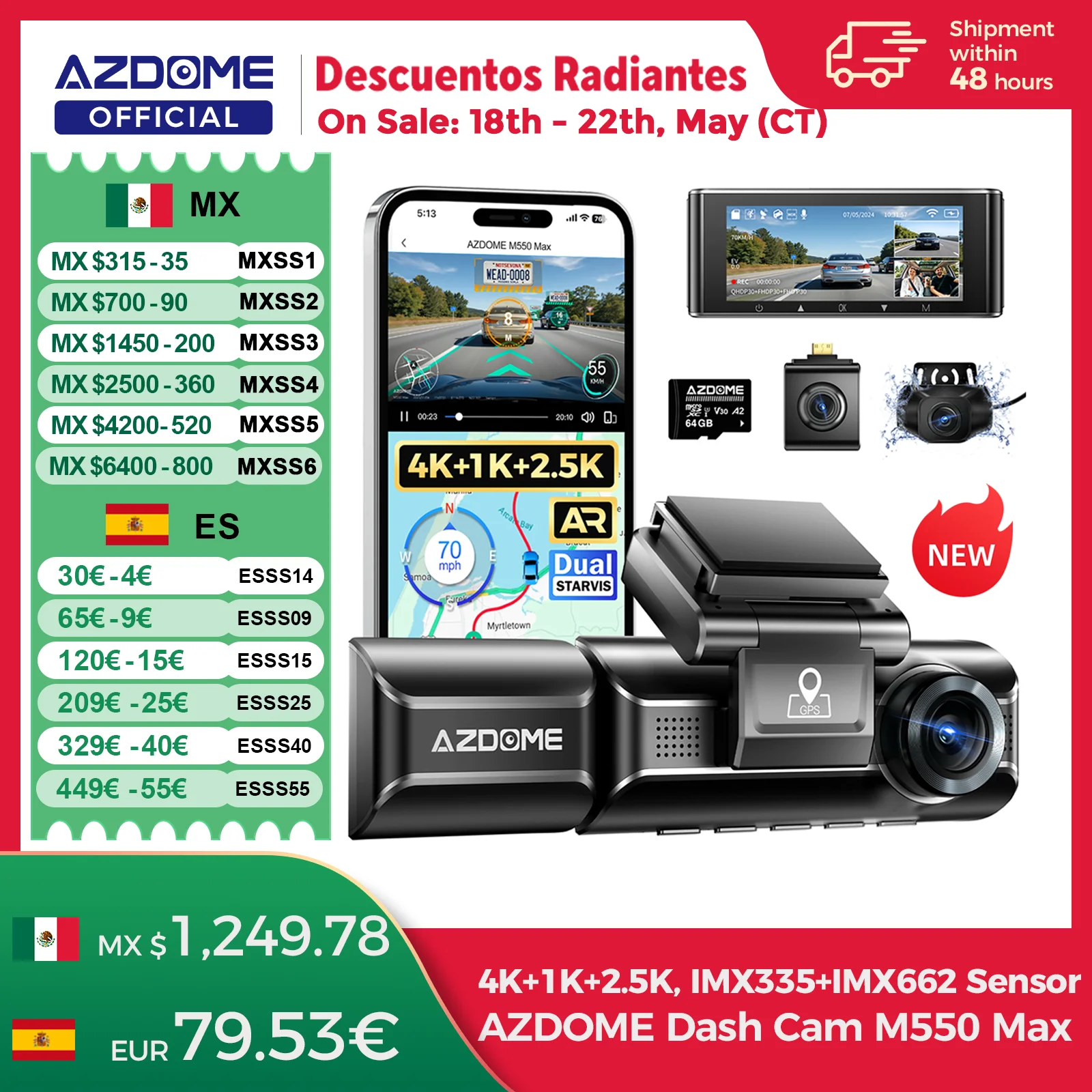 Azdome M550 Max Dash Cam 4K + 1K + 2,5 K Gps Incorporado Wifi 150Fov Cámara De Coche 24H Monitor De Estacionamiento Visión Nocturna Cámara De Salpicadero Para Coches — -37%, $58.96 Coupon, from $100.39 – 37% descuento – €100.39