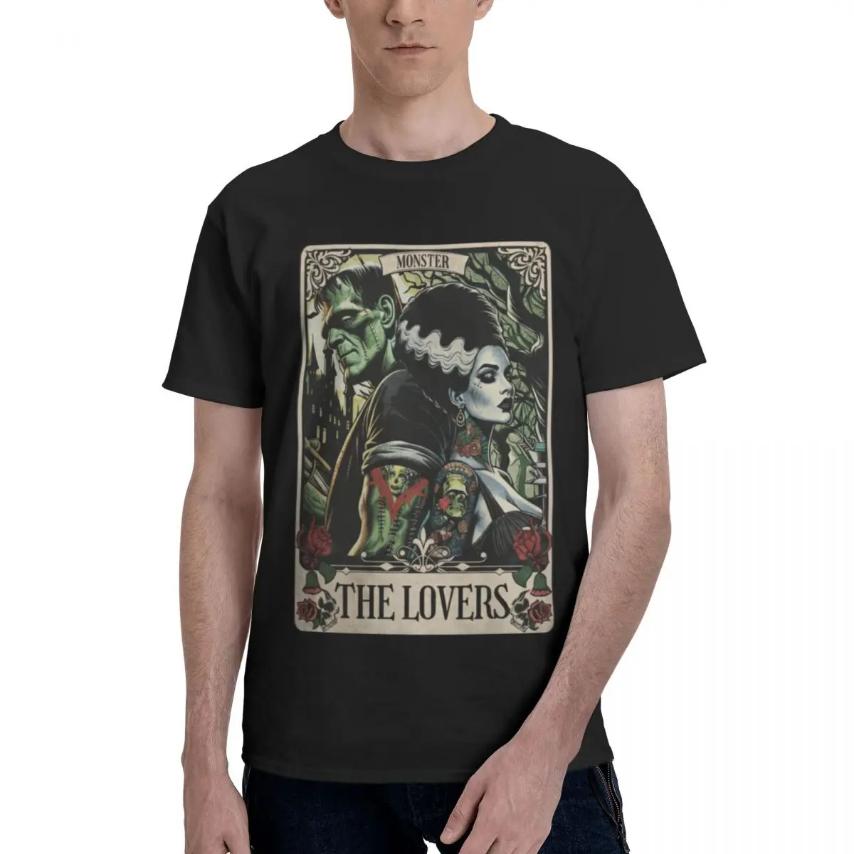 Men The Lovers Tarot Card Funny Frankenstein And Bride Trending T Shirt Streetwear Cotton Shirt Men