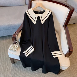 Autumn and winter new plus size women's loose casual doll collar long-sleeved dress simple black college style mid-length skirt