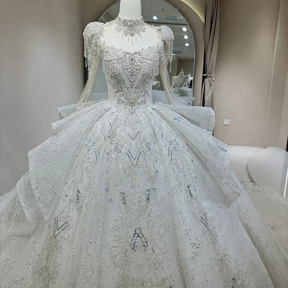 أكمام طويلة مخصصة عالية الرقبة رائع الترتر سباركلي بلورات فستان الزفاف الرسمي زي العرائس Fساتين الحافلة #5