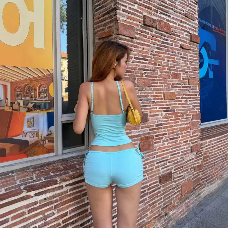 Low Waist Side Tie Shorts Set Women Crisscross Halter Sleeveless Top Y2K