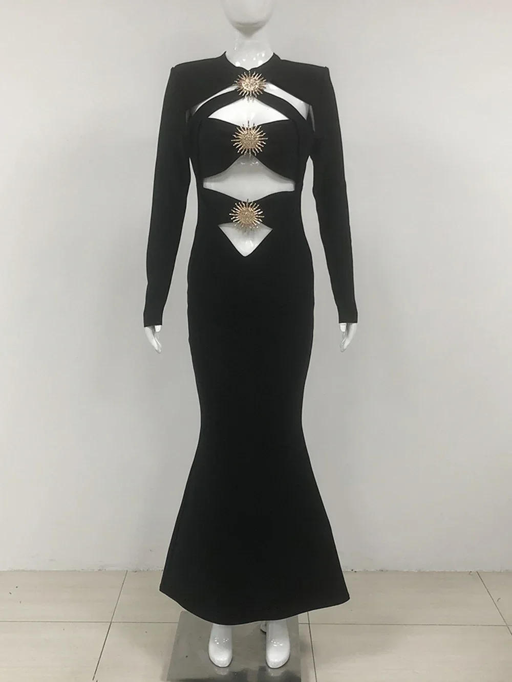 Women Black Long Sleeves Hollow out Metal Sun Design Mermaid Sexy Bandage Long Dress Celebrity Cocktail Party Maxi Gowns