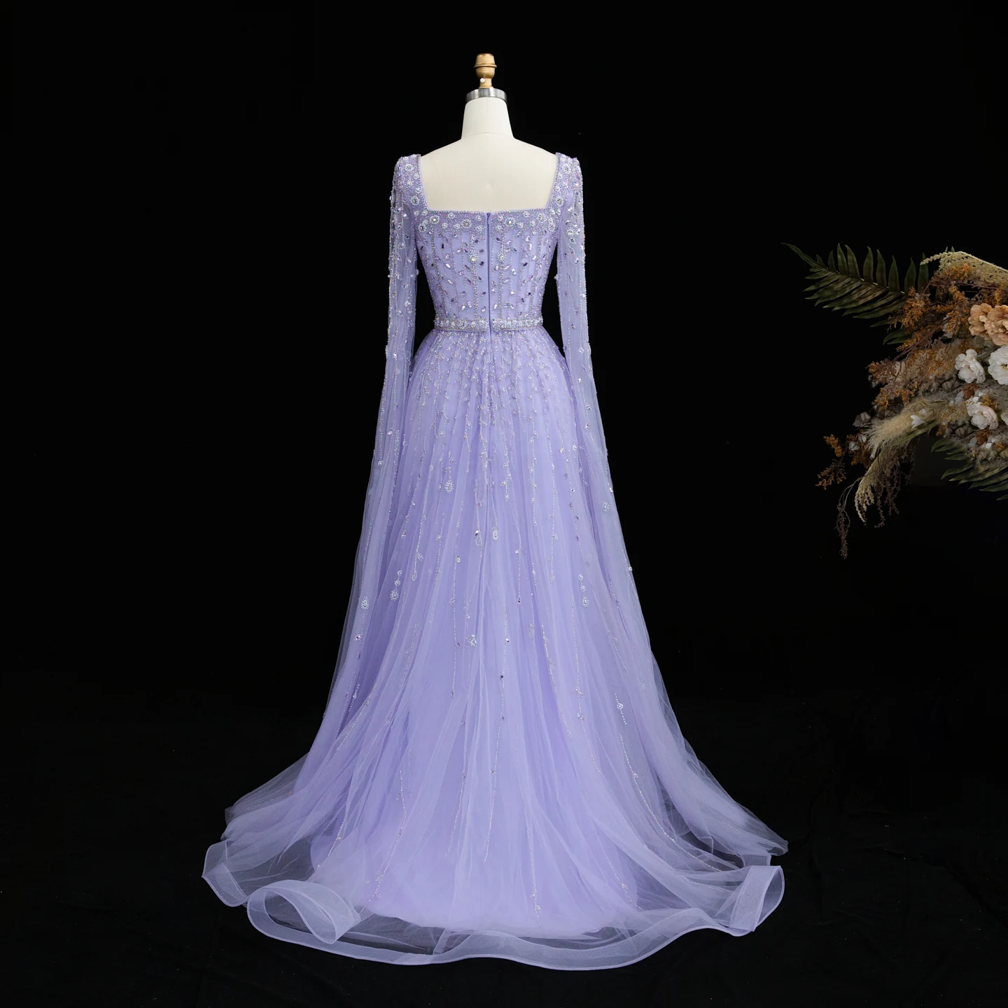 Sharon Said Luxuriöses Flieder-Champagner-Abendkleid mit Quadratischem Ausschnitt und Ärmeln, Rosa Muslimisches Abendkleid für Hochzeitsfeier, SS494 Maßanfertigung – Detail 16