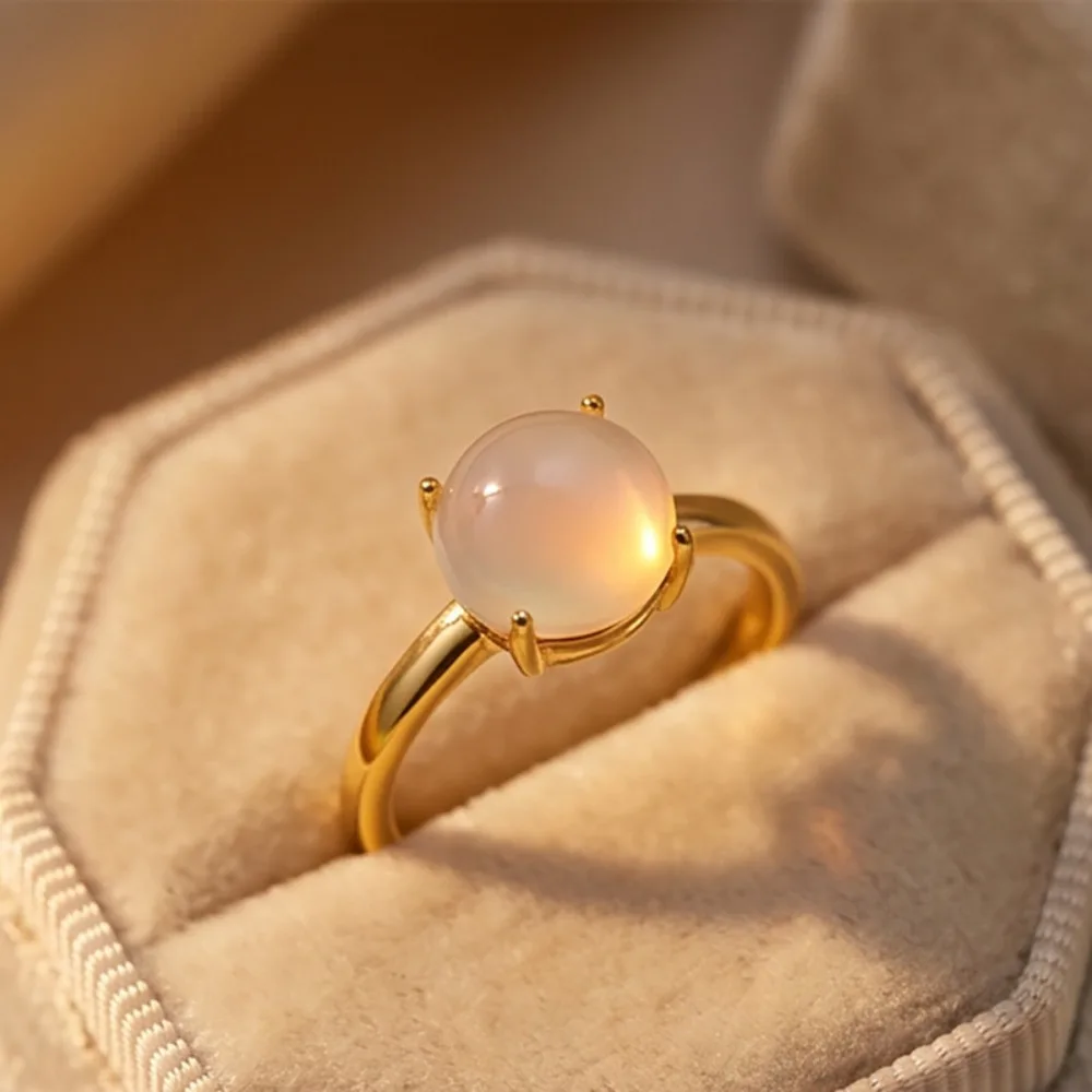 Luxury Retro 925 Sterling Silver Geometric Imitation White Chalcedony Adjustable Rings for Women Simple Temperament Jewelry Gift