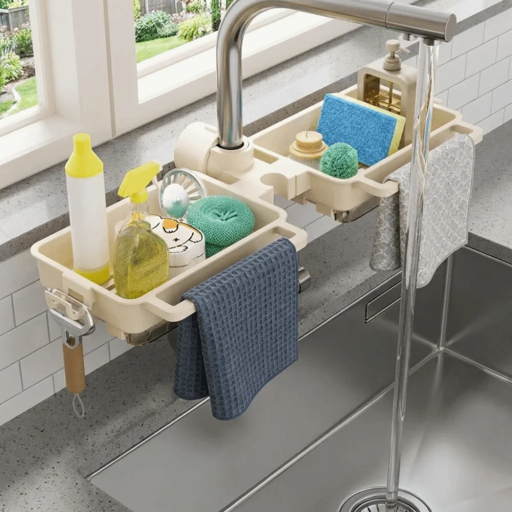 Plastic Sink Drain Rack Hanging Large Capacity Faucet Drain Rack Adjustable Space Saving Sponge Storage Rack Bathroom
