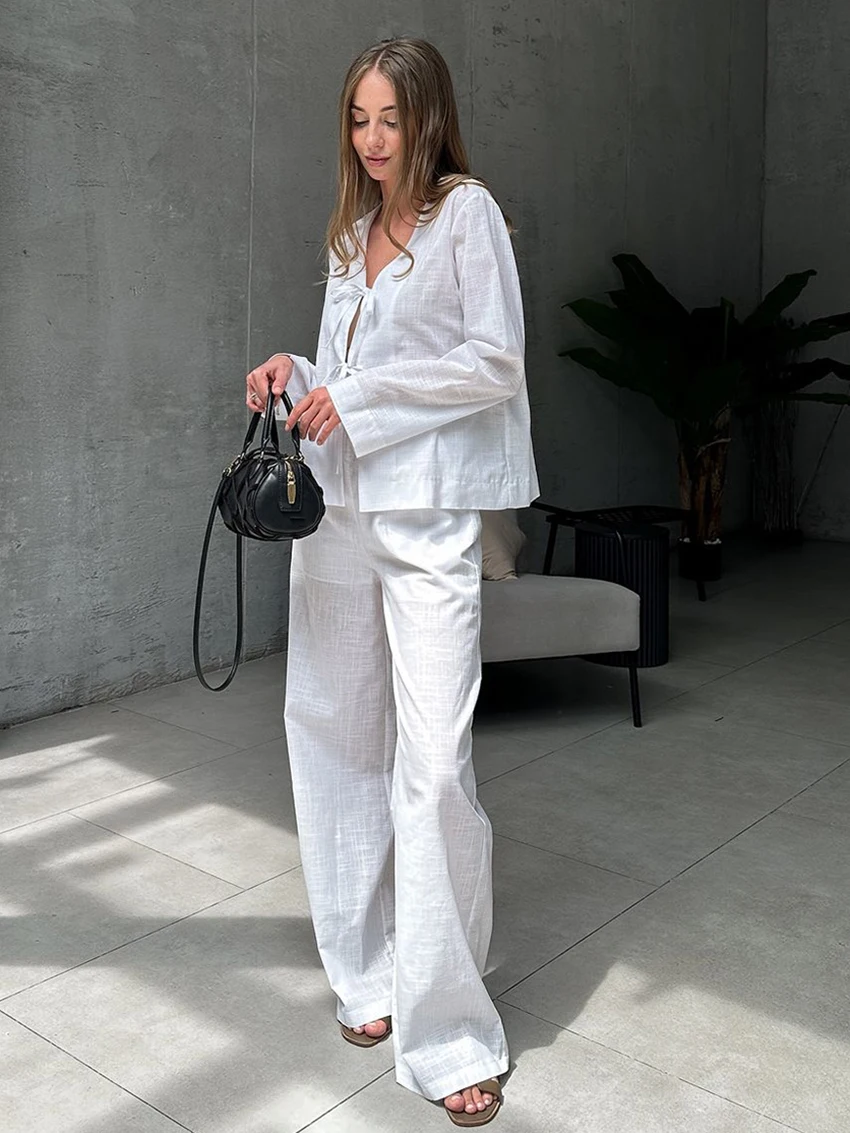 Marthaqiqi Cotton Loose Female Nightwear Set Sexy V-Neck Pajamas Lace Up Nightgowns Pants Casual Women'S Sleepwear 2 Piece Suit