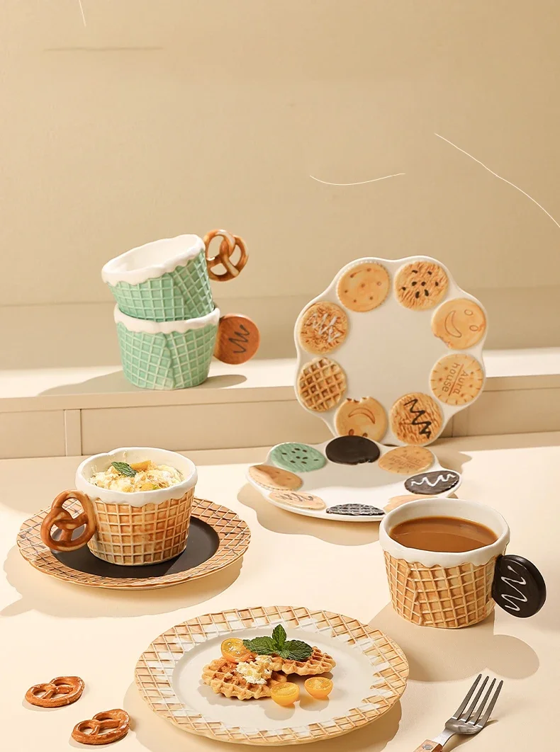 Cartoon Biscuit Ceramic Dinner Plates High Beauty Afternoon Tea Cute Coffee Cup Handmade Painting Underglaze Color Tableware