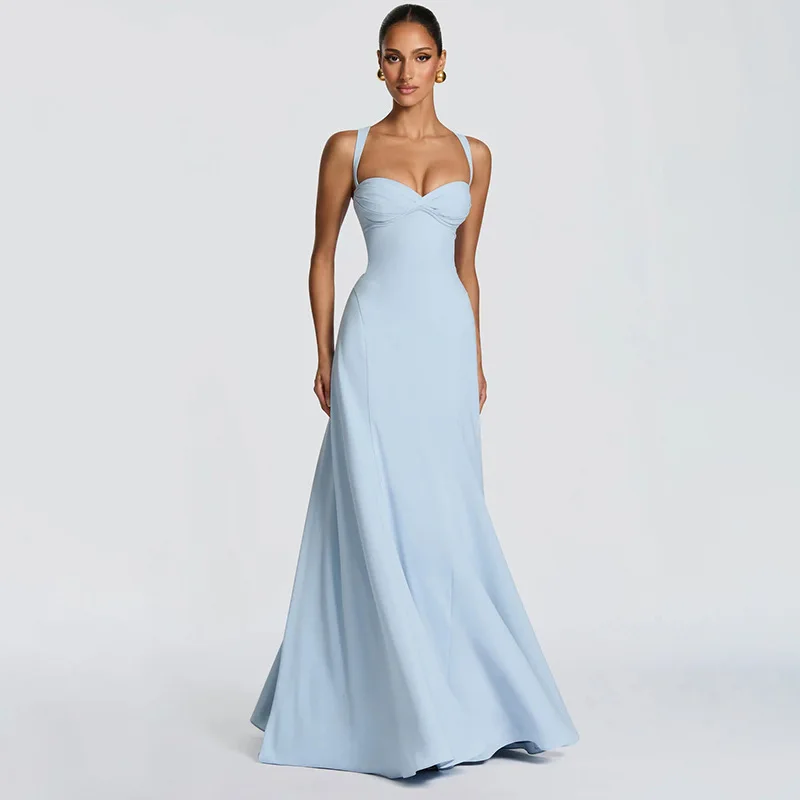 Chique dames maxi-jurk met gerimpelde taille, hoge dijsplit, zwierige strapless elegante jurk, romantische feestjurk, unieke jurken, nieuw.