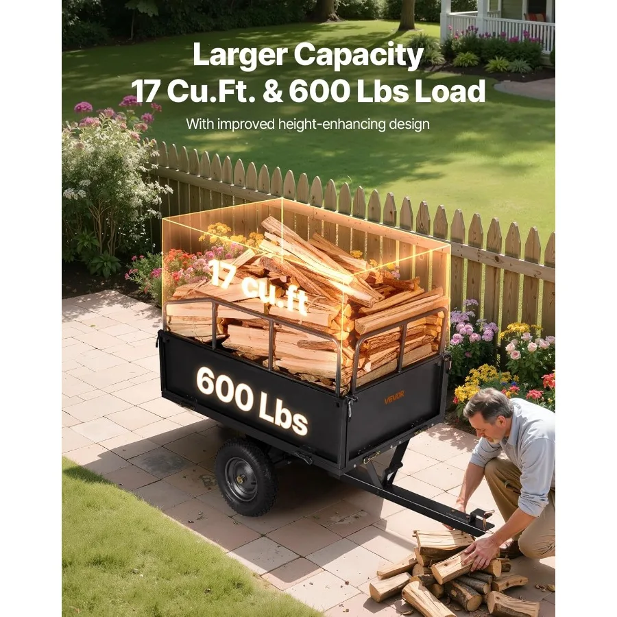 Heavy Duty ATV Trailer Tow Behind Dump Cart 17 Cu.Ft. 600lbs Capacity Pull Behind Steel Yard Wagon Dump Trailer for Tractor Law