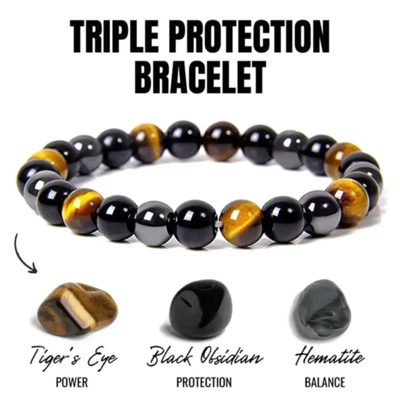 Triple Protection Magnetic Hematite Tiger Eye Obsidian Bracelet Men Women Stylish Durable Design Daily Commute Jewellery