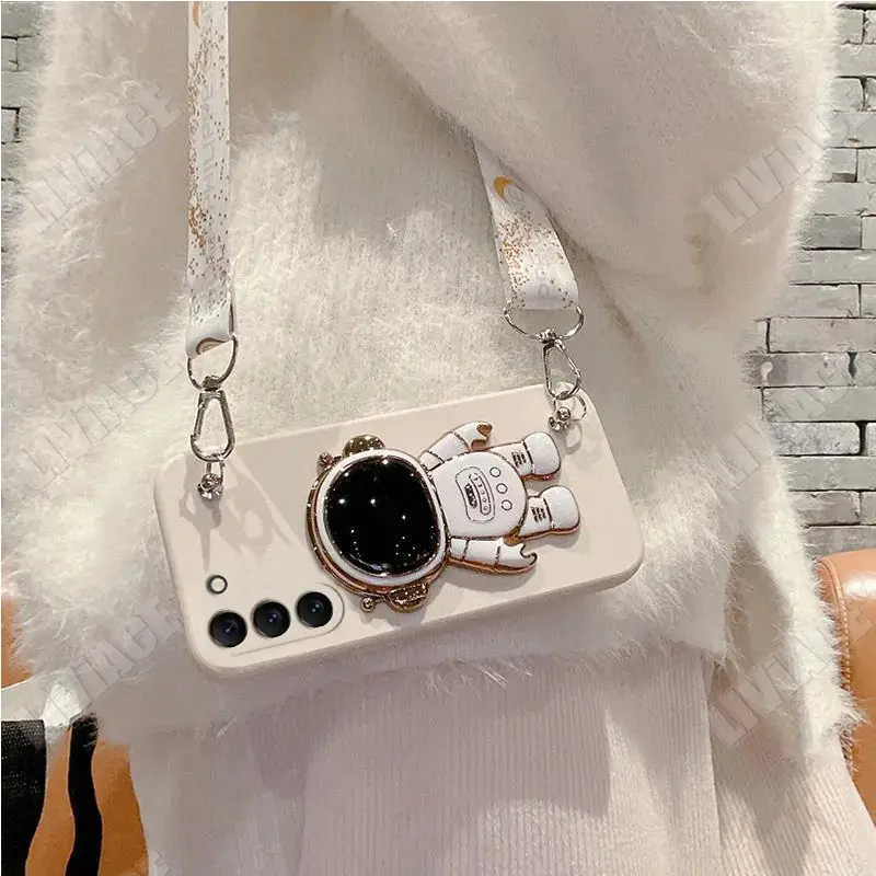 S23 Astronaut Lanyard Crossbody Silicone Case For Samsung Galaxy S23 S21 S20 S22 S8 S9 S10 Fe Plus Ultra Cover Note 10 20 Plus