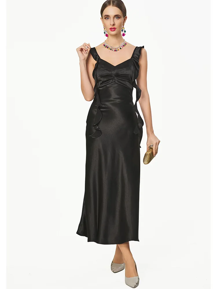 

JUNLINNA Fashion Elegant Party Holiday Dress spaghetti Strap High Street Vestidos Midi Patchwork Runway