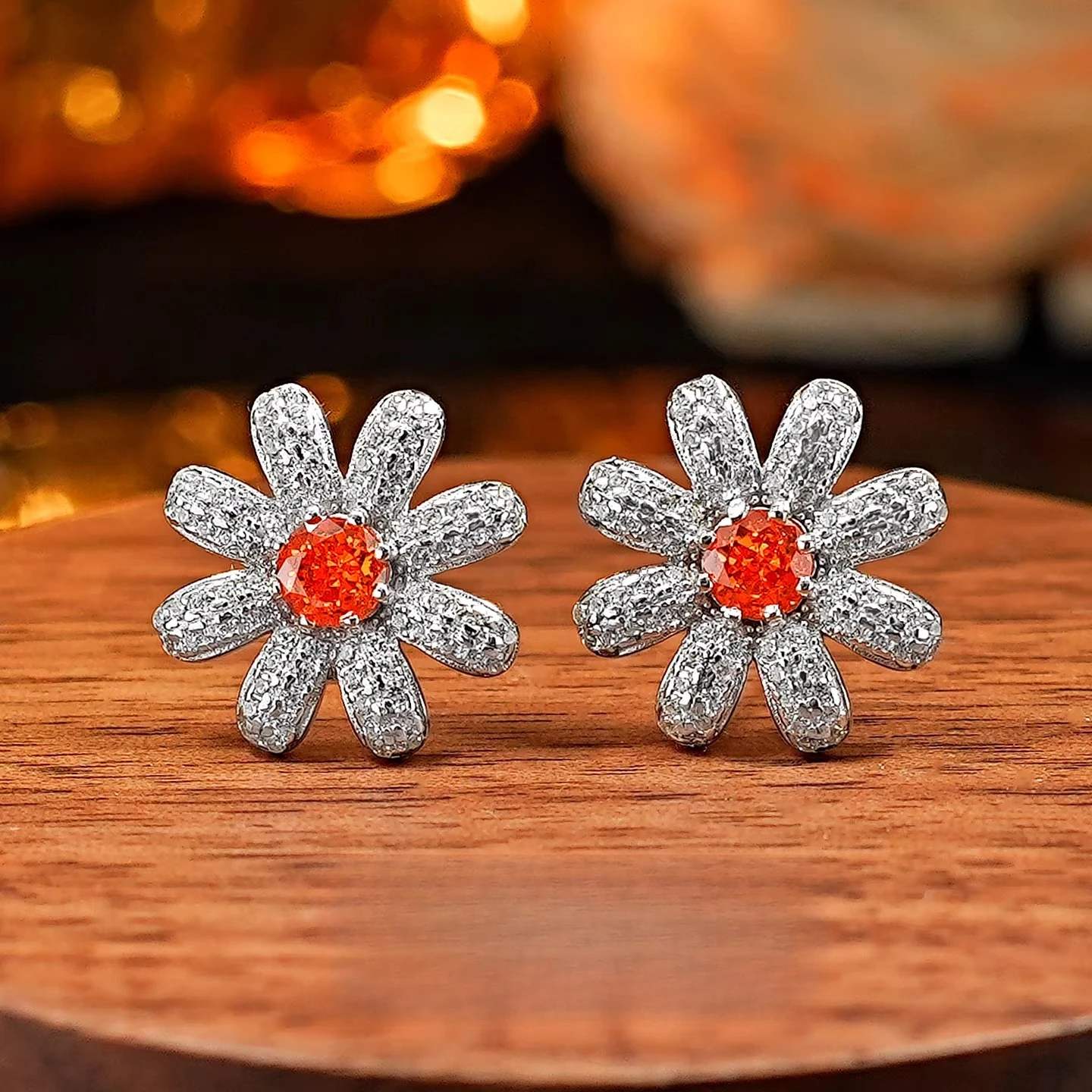 Nuevos Pendientes de Plata S925 con Zirconia Naranja Fanta de 4.0mm y Engaste Denso, Joyería para Mujer