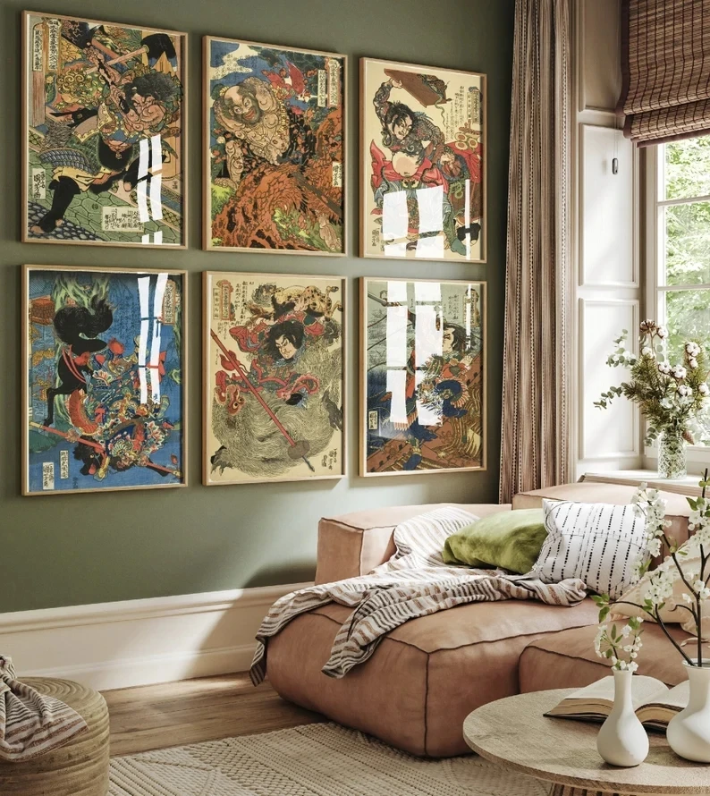 Antique Japanese Utagawa Kuniyoshi Ukiyo-e Heroes of The Water Margin Samurai Canvas Poster Wall Art Pictures Home Decor Gift