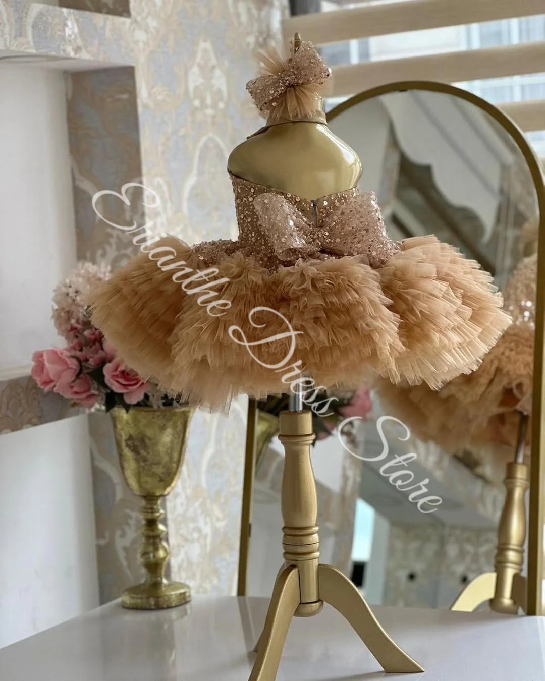 فستان فتاة الزهور المخصص لحفلات الزفاف من الدانتيل المطرز بالترتر منتفخ الطبقات مخصص للأطفال حفلة عيد ميلاد أول مناولة فستاين سهرة/فساتين الحفلات