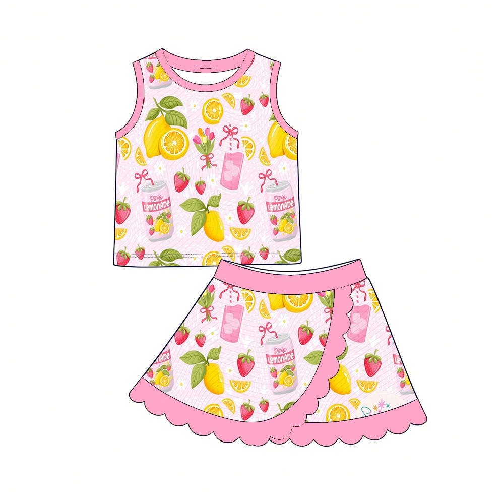 Boutique Girls Set Sleeveless top paired with a short skirt with a diagonal wavy hem fruit prints girls set custom wholesale