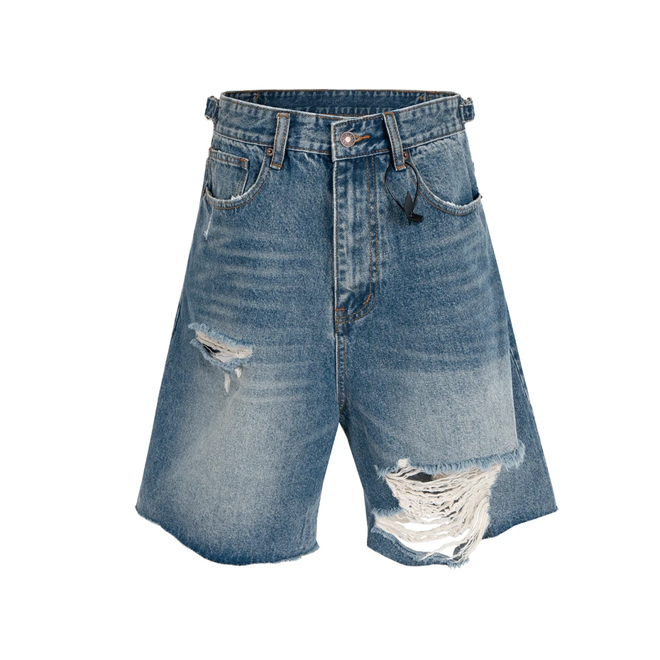 Heren gescheurde gat denim shorts streetwear hiphop punk knielengte broek harajuku vintage blauw gewassen jeans korte mannelijke