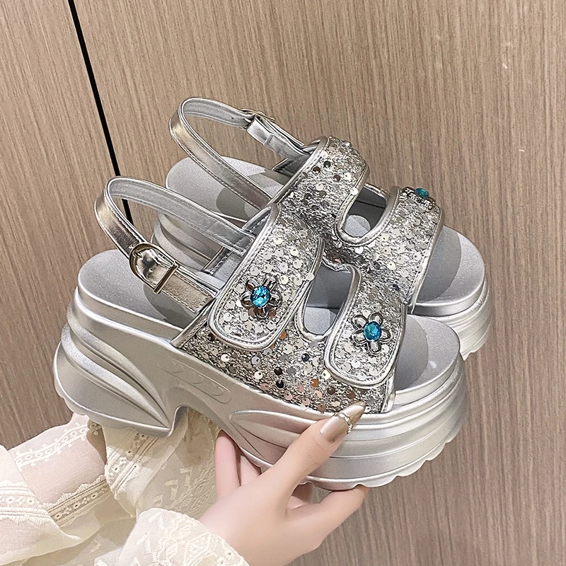 8cm Women Platform High Sandals Summer Designers Chunky Wedges Shoes Crystal Beach Slippers Woman Gladiator Sport Sandalias