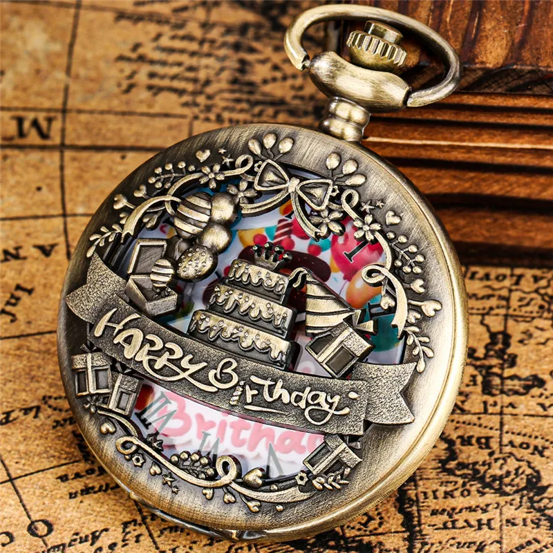 Antique Style Clock Hollow Out Happy Birthday Design Men Women Quartz Pocket Watch Roman Number Necklace Pendant Chain Gift