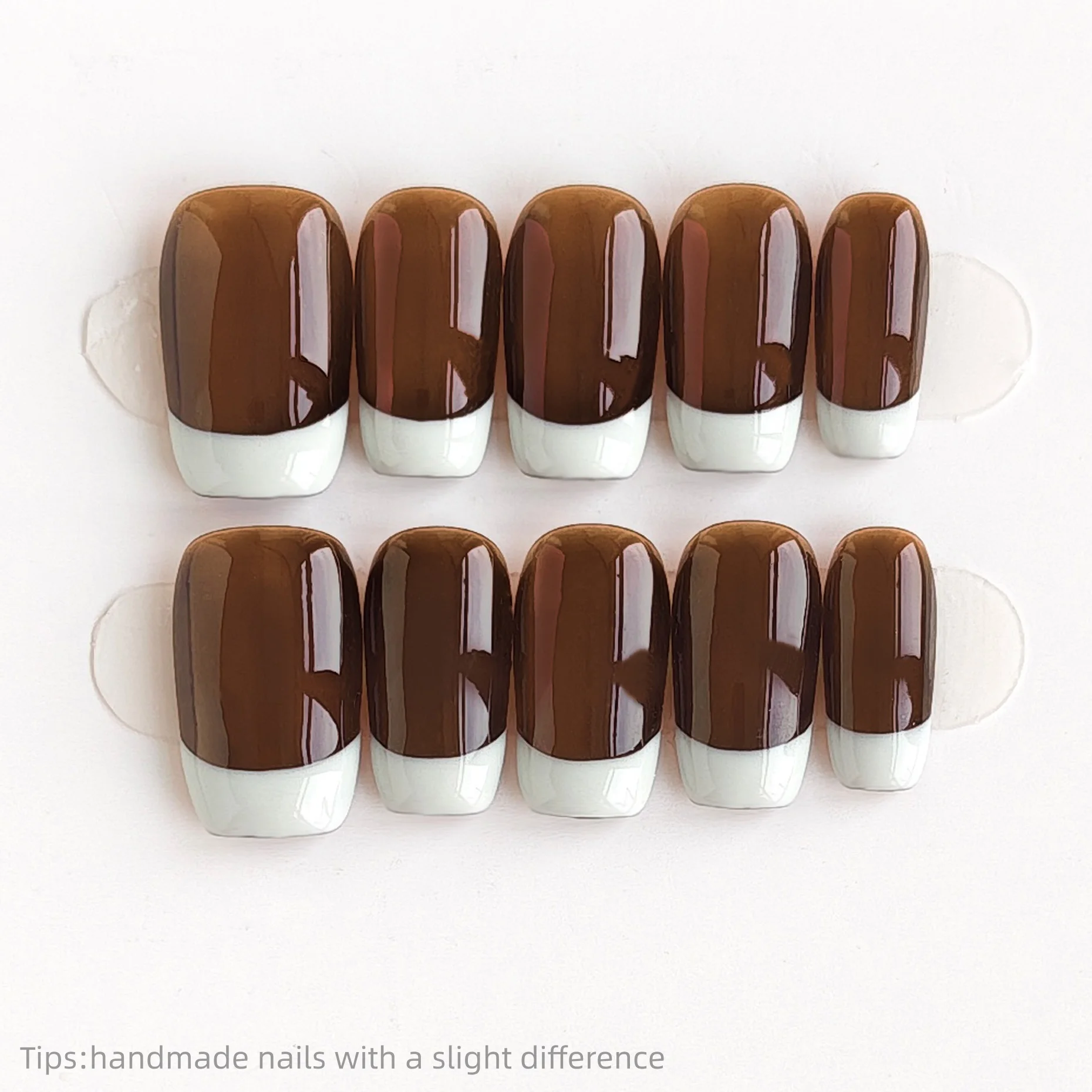 

10pcs Handmade Brown White French Press on Nails Square Wearable Reusable Fashion False Nails 2026