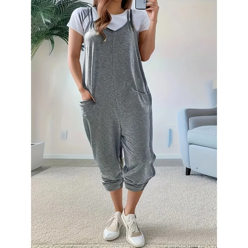 حجم كبير 1XL-5XL جديد الأوروبية والأمريكية المرأة الحمالة السراويل مع حزام الظهر حللا الجيب العصرية