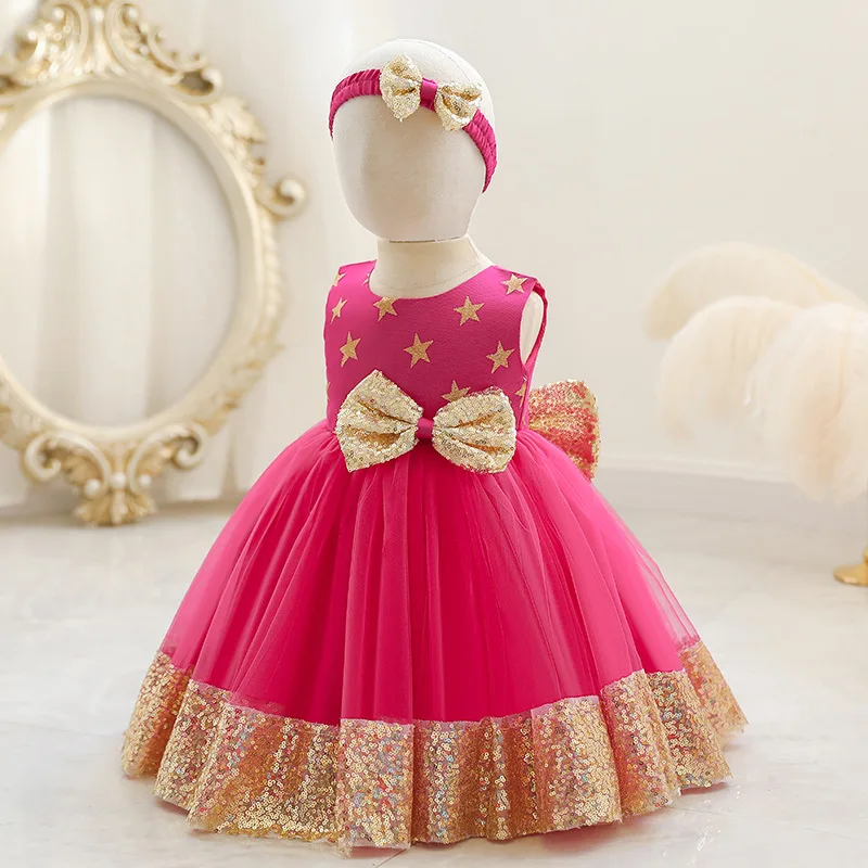 Golden Sequines Infant Dress Gown Star Prints Super Bow Princess Dresses For Girls Newborn Babies Clothes 0 to 12 Months 3 4 5Y