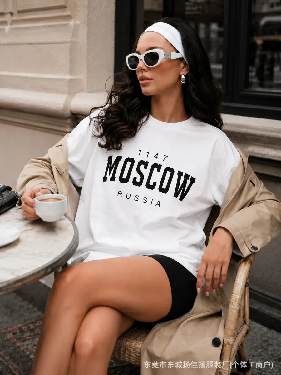Russian Fashion Slavic Travel White Oversized Long Sleeve Tee Retro Varsity Moscow Print Soft Cotton Loose Women Street T Shirt