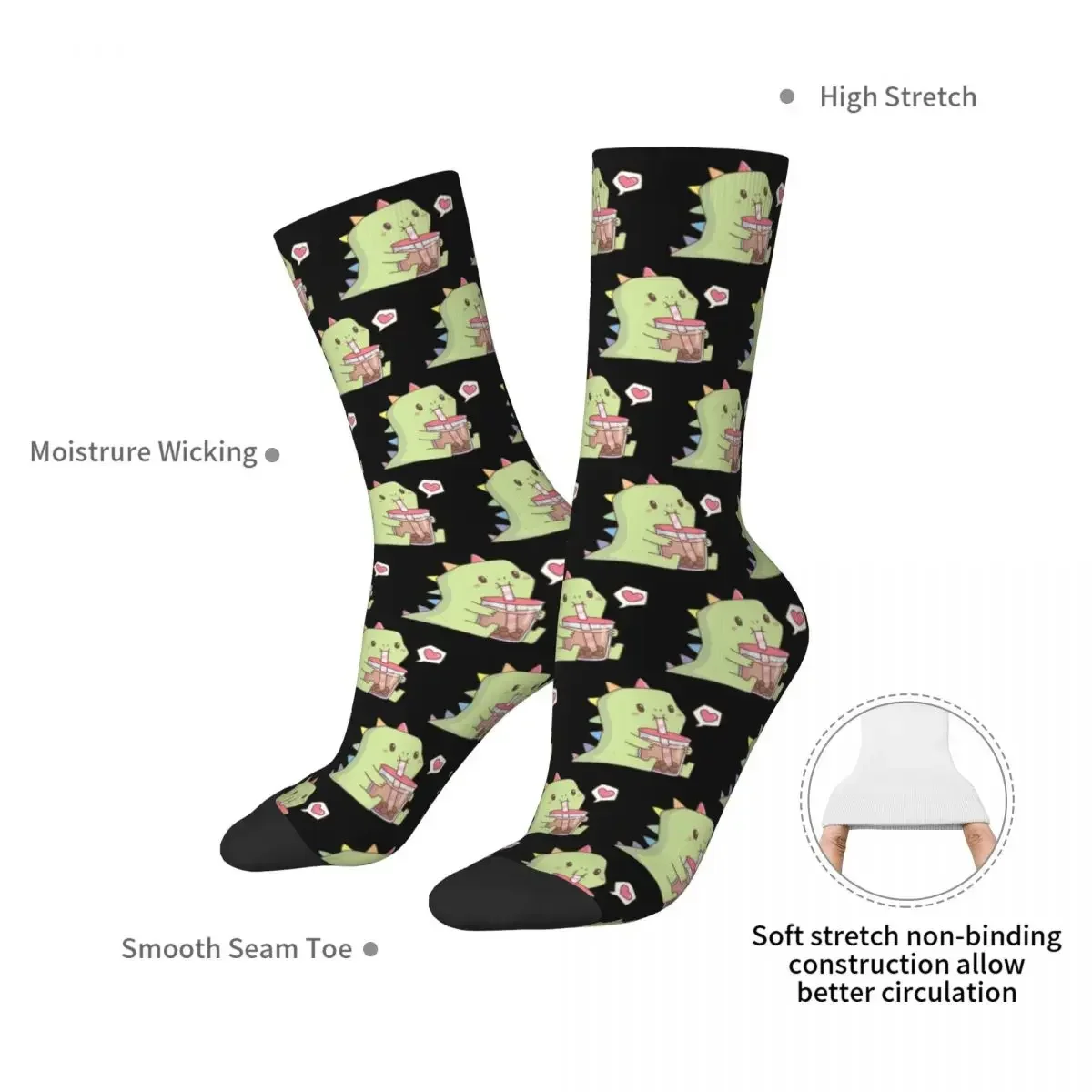 Cute Dino With Rainbow Spikes Loves Bubble Tea Socks Harajuku Super Soft Stockings All Season Long Socks for Unisex Gifts