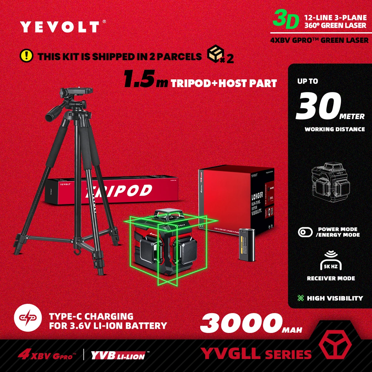 YEVOLT TP-YVGLL4XS12 Series Green Laser Level 3-Plane 12-Line Self-leveling 360 3D Power Measuring Tools-1.5M Aluminium Tripod