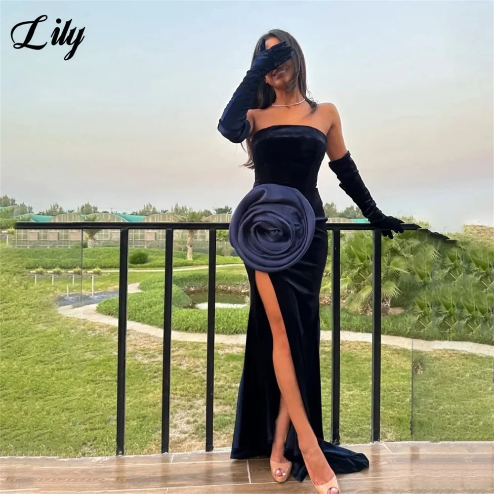 

Lily Navy Blue Party Dresses Trumpet with High Split Evening Dresses with 3D Floral فساتين السهرة Simple Customized