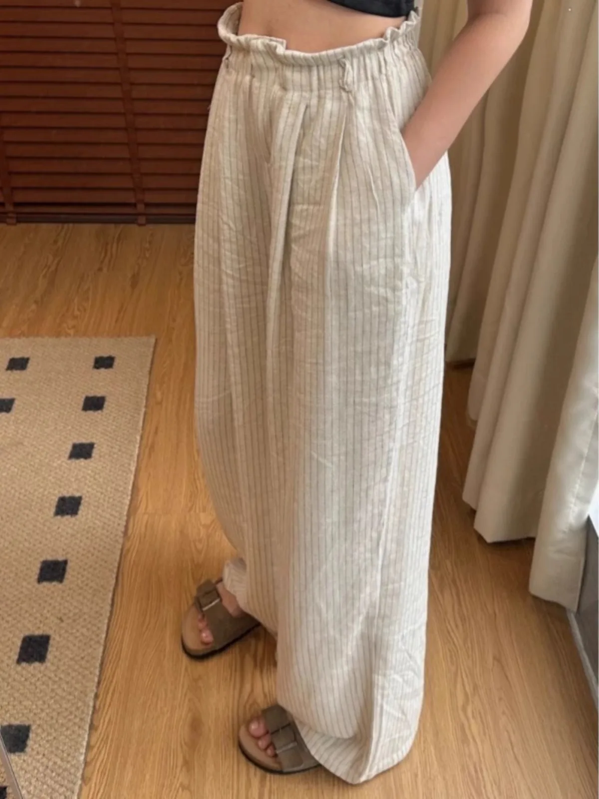 

SuperAen 2024 Japan Linen Striped Wide Leg Pants Summer High Waist Cotton and Linen Floor Pants