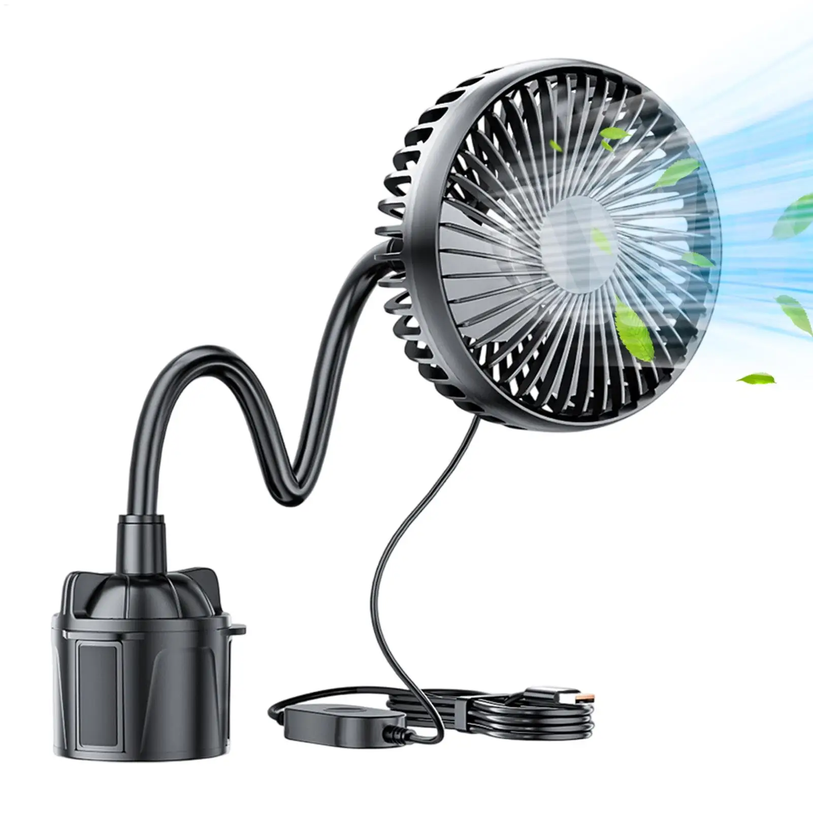 USB Car Cup Holder Fan 5V 3-Speed Adjustable Cooling Fan 360 Degree Flexible Neck Ashtray Slot Fan for Front Rear Seat Summer