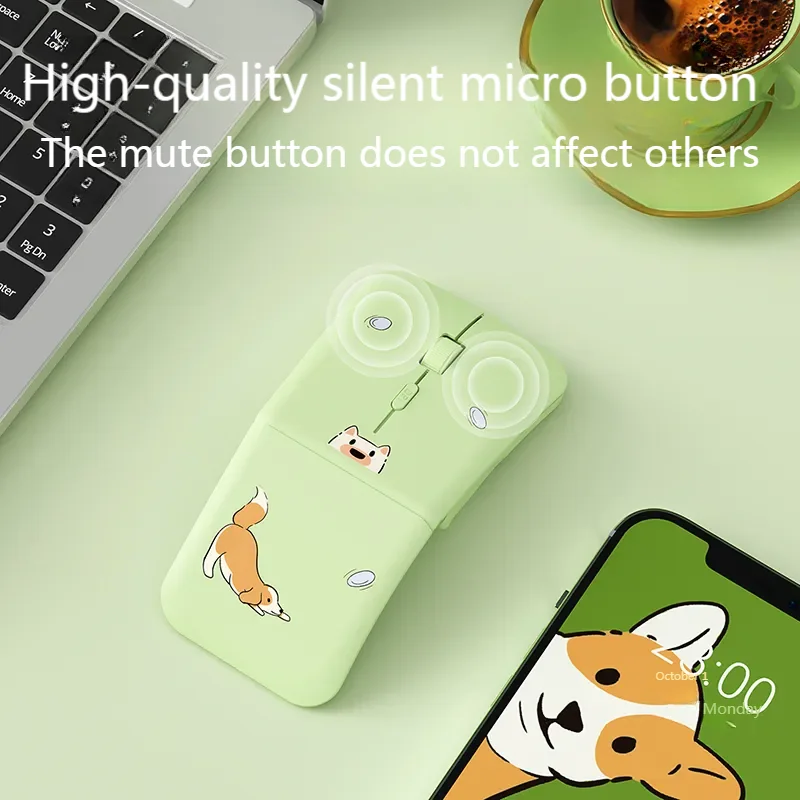 Ratón inalámbrico con dibujos de cachorros, silencioso, tipo C, carga rápida, plegable, Bluetooth, ergonómico, óptico, DPI, para ordenadores portátiles y tabletas