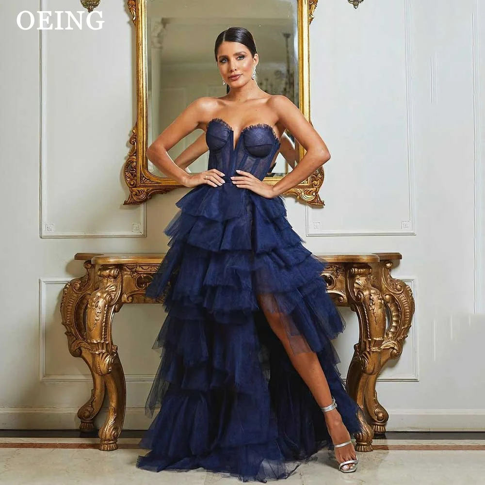 

OEING Glitter Navy Blue Tulle Long Prom Dresses Sexy Side Split Applique Strapless V Neck Party Dress 2024 Women Evening Gowns