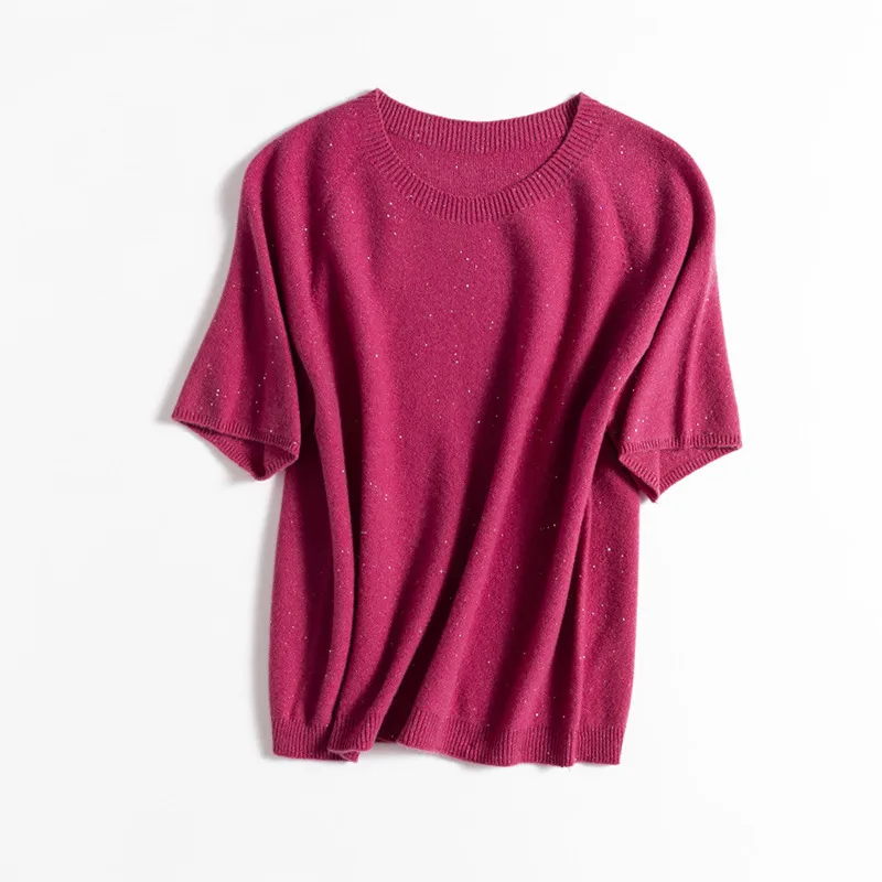 

100% Merino Wool Short Sleeve Sequin Knit Sweater,Spring Summer Women Round Neck Seamless Loose Knitwear