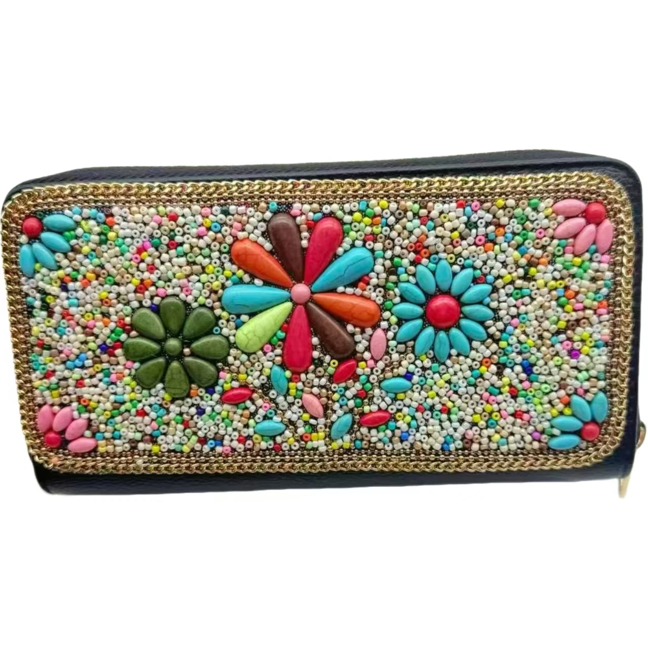 

Роскошная женская сумка ручной работы из черной кожи с вышивкой цветами из разноцветных камней, коллекция для торжественных ужинов