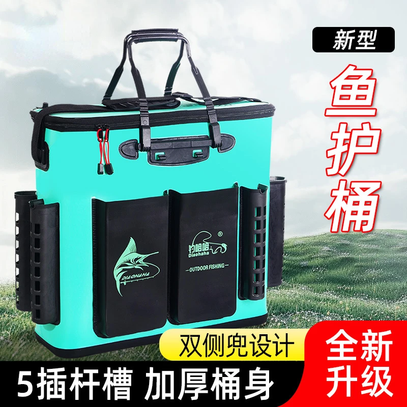 

Large-capacity Fish Protection Bucket with Multiple Rod Slots and Thickened Portable Live Fish Bucket with Side Pockets