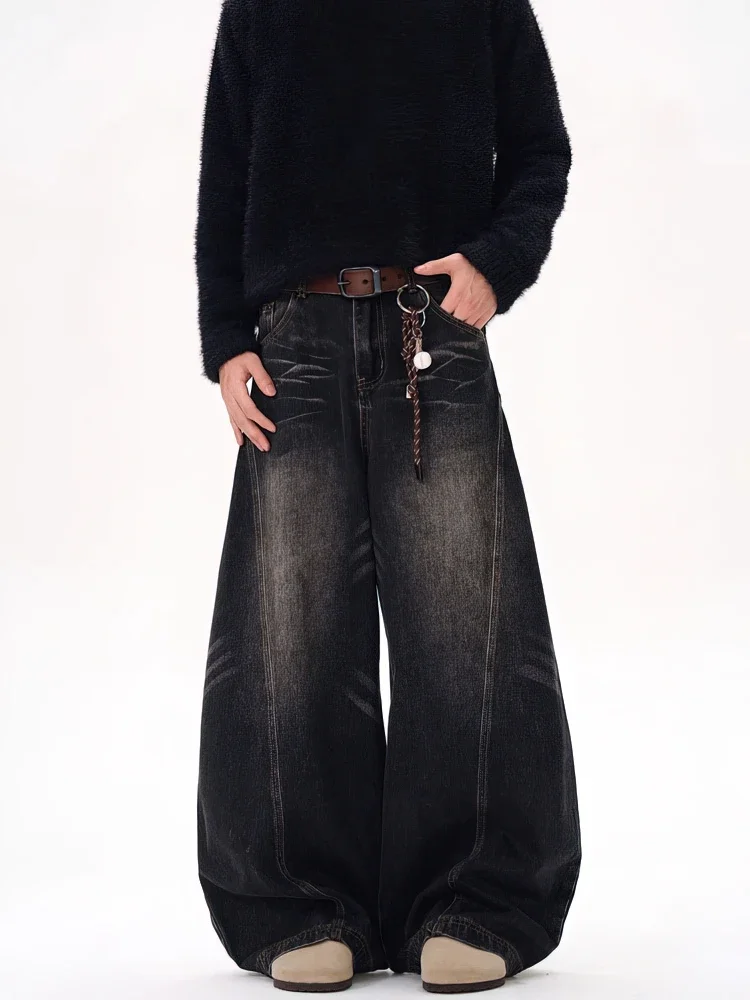 

Vintage Black Washed Baggy Jeans Pants Men Wide leg Curved Blade Pants Streetwear Cowboy Casual Denim Straight Trousers