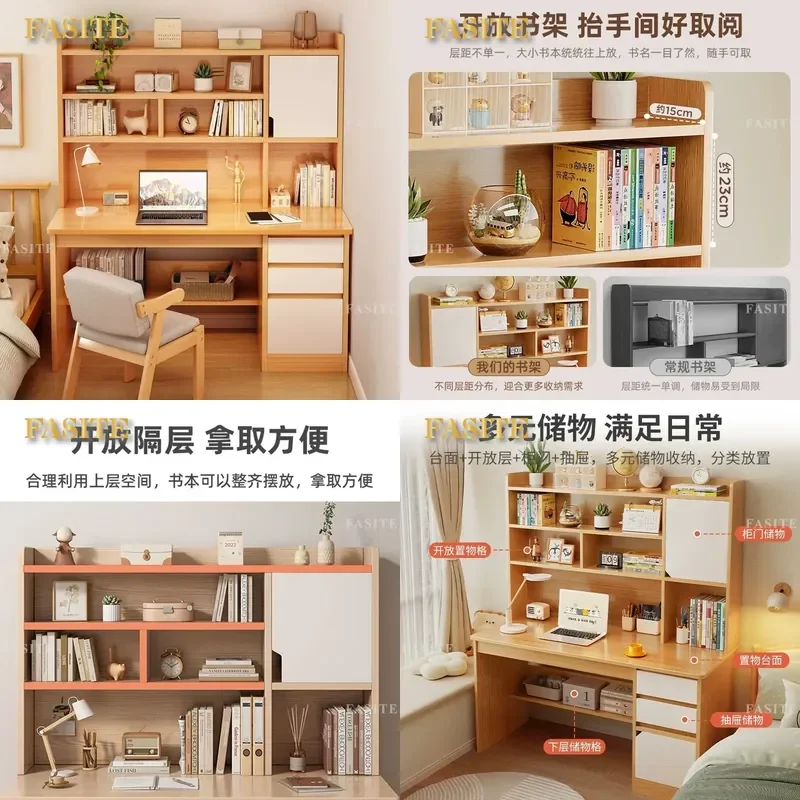 For Computer Desk Student Home Study Writing Table with Integrated Bookshelf Bookcase Bedroom Desktop Junior High School